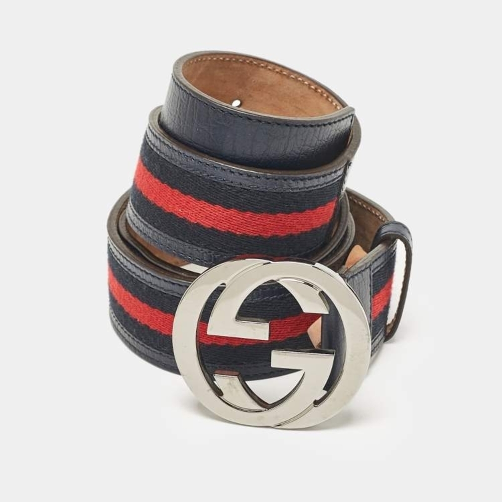 Gucci Blue Leather Belt with Red Stripe and Silver GG Buckle